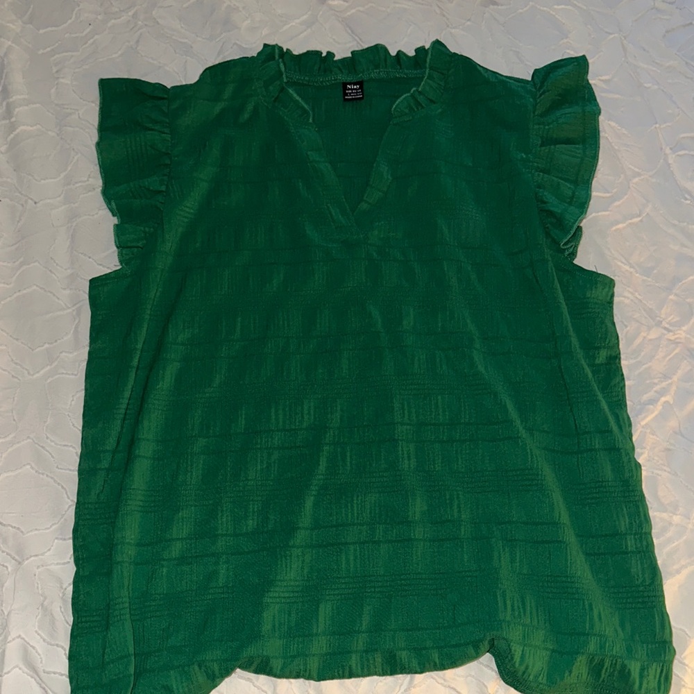Green Ruffle-Sleeve V-Neck Women's Top
